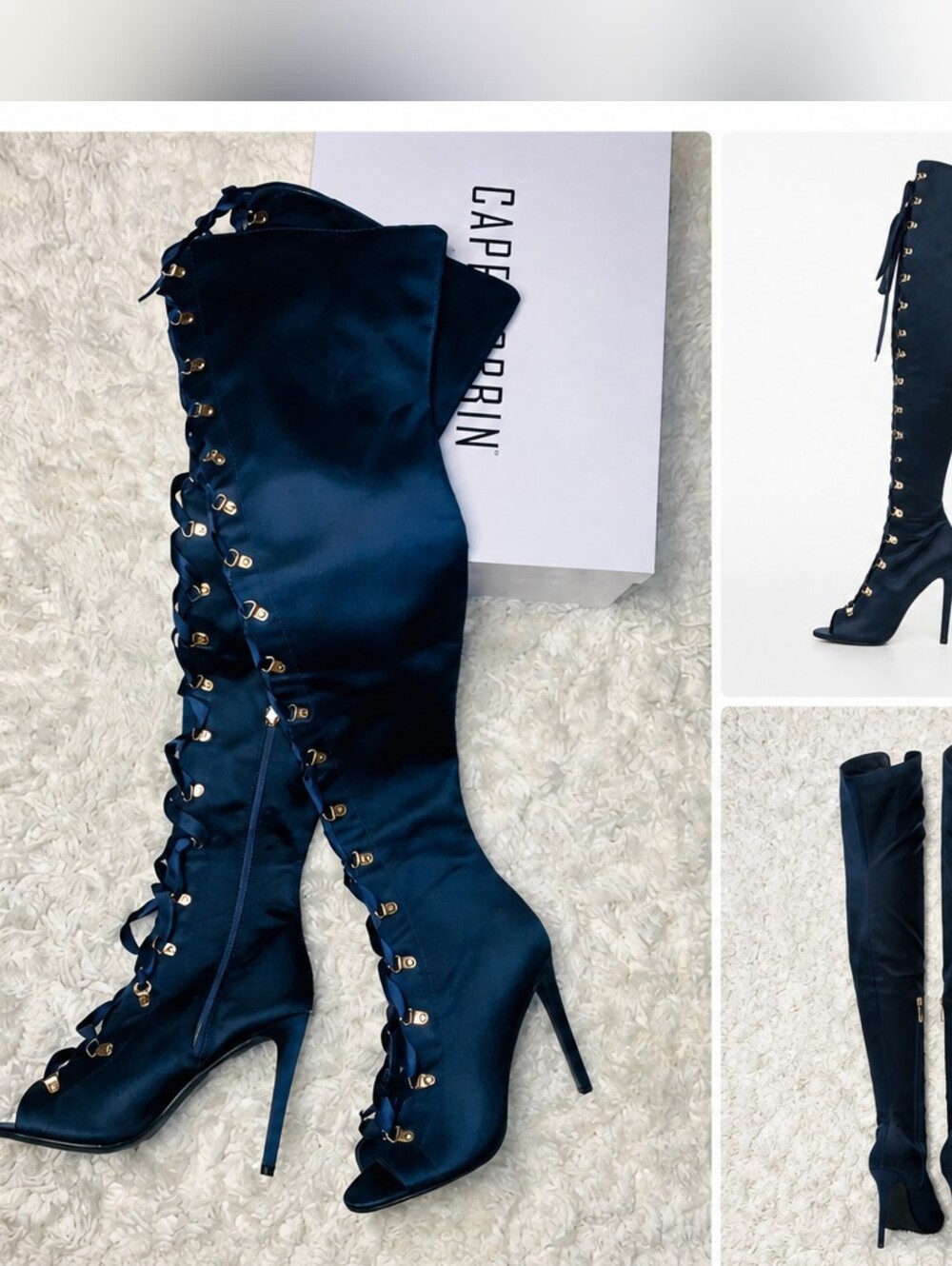 Satin Navy Over the knee lace up with boots w/ gold accents by Cape Robin NEW